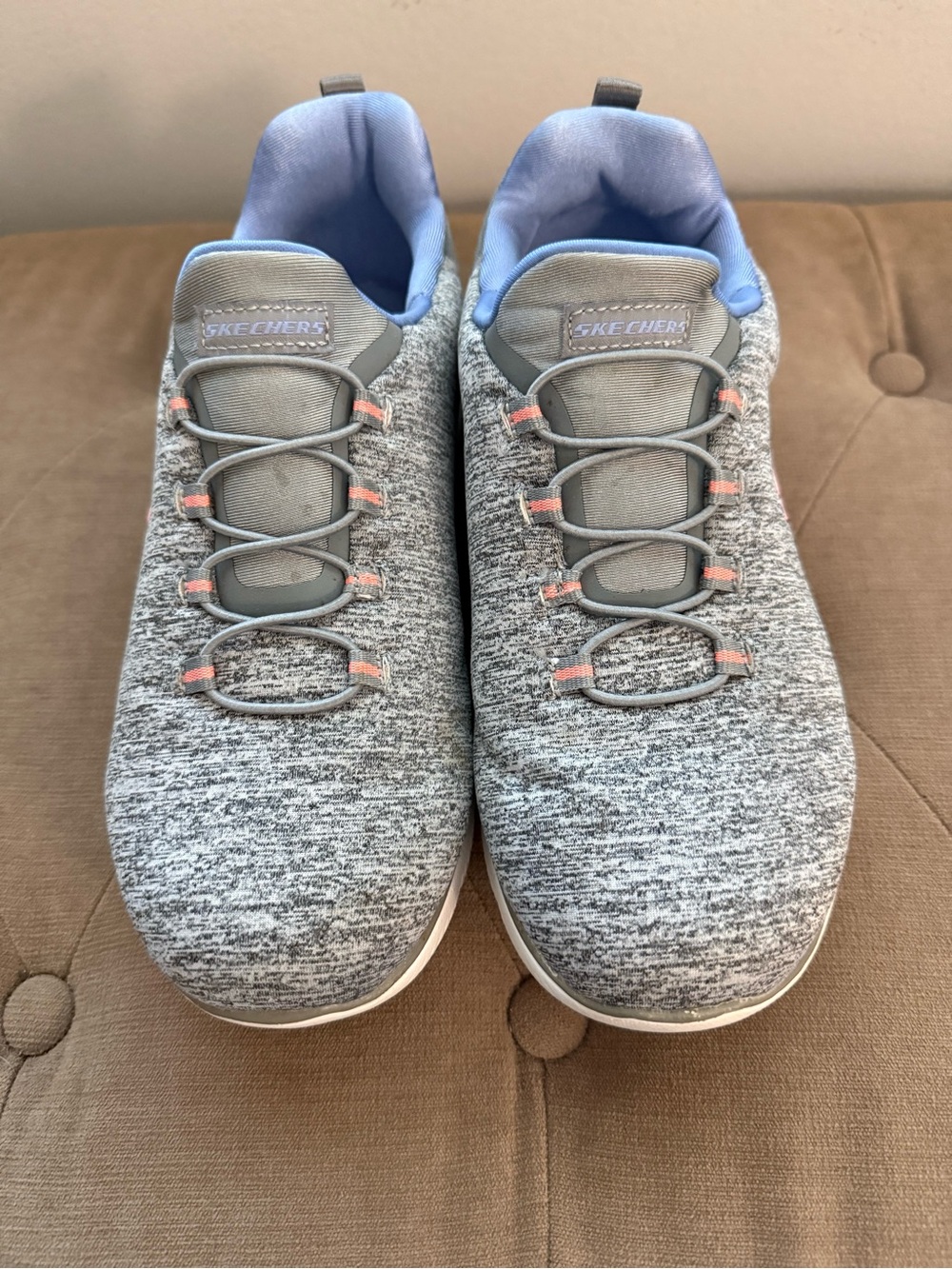 New Price! Skechers Gray Knit Slip-On Sneakers with Light Blue Lining